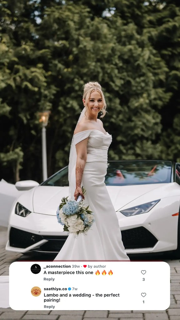 Bride with a white Lamborghini Huracan on her wedding day