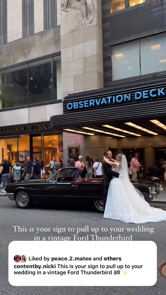 Bride and groom with a vintage Ford Thunderbird in NYC
