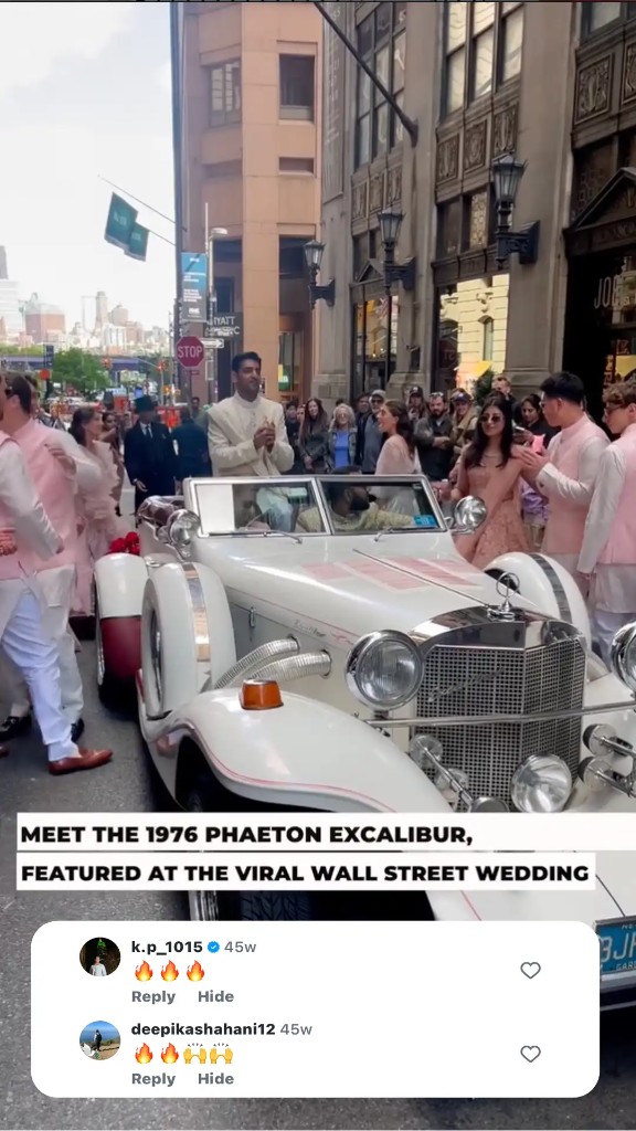 Pink baraat procession with a 1976 Phaeton Excalibur on Wall Street